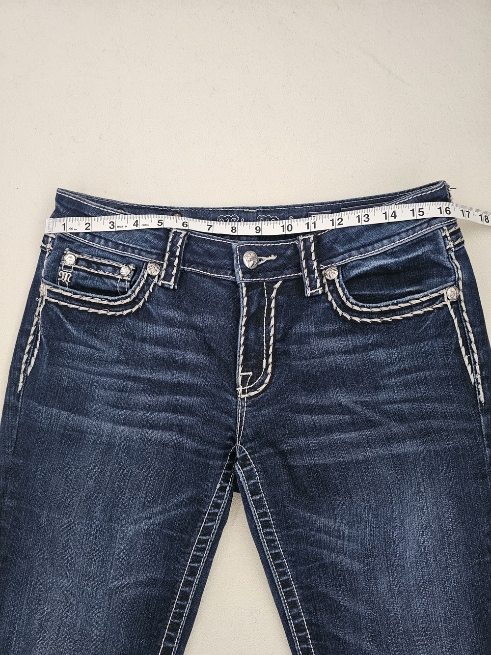 MissMe Wms Loose Saddle Stitch Border Bootcut Low-Rise Stretch Indigo Blue Sz 31 - Picture 5 of 16
